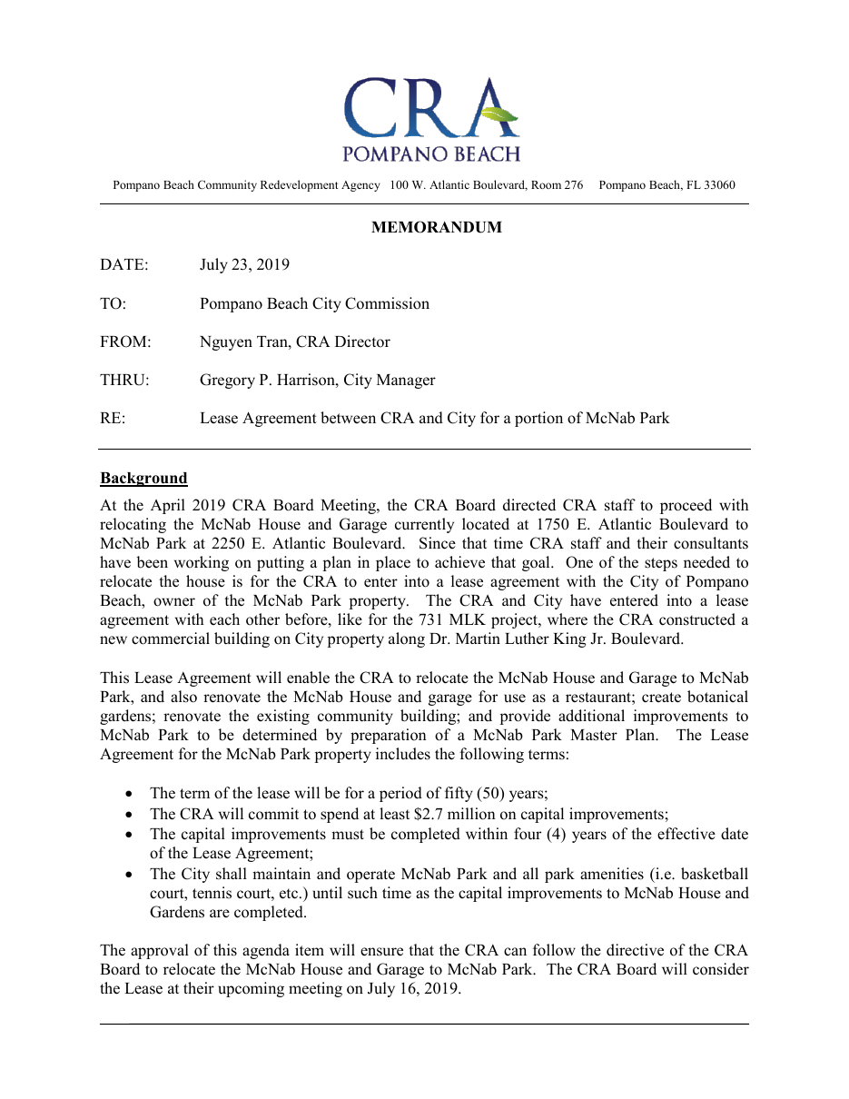 July 23, 2019 City Commission staff memo